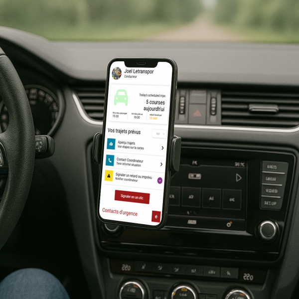 Conducteur ASE consultant ses trajets du jour sur l’application Opti-môme depuis le tableau de bord de son véhicule.