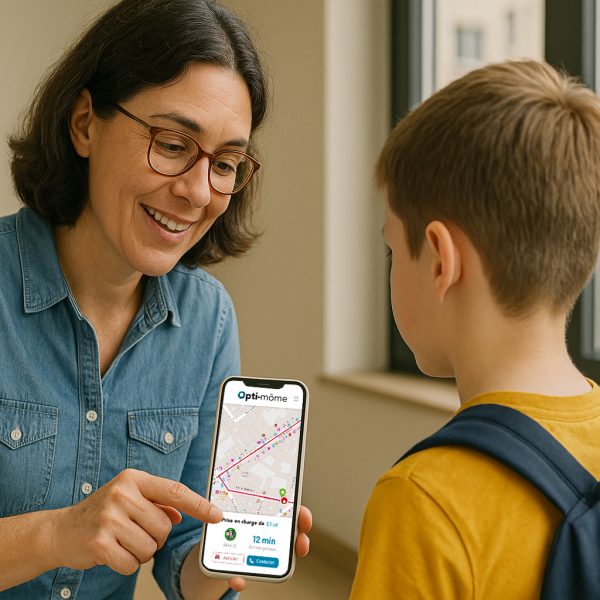 Assistante sociale utilisant l’application Opti-môme pour commander un trajet sécurisé pour un enfant accompagné.
