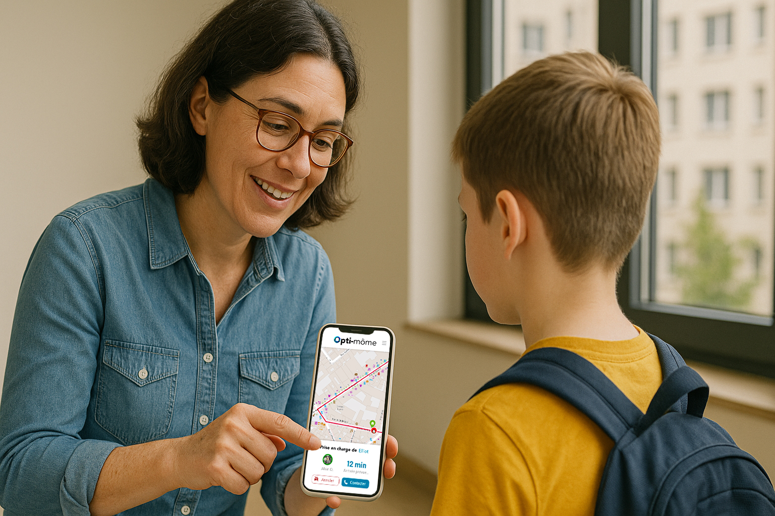 Assistante sociale utilisant l’application Opti-môme pour commander un trajet sécurisé pour un enfant accompagné.