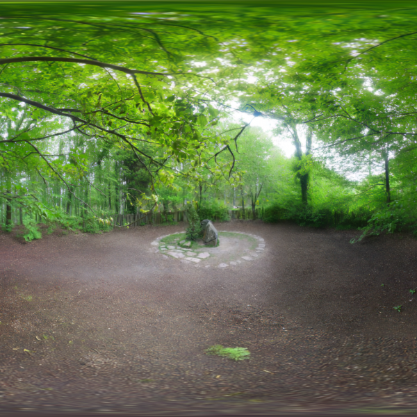 Vue 360° forêt Brocéliande avec cercle de pierres, immersion en réalité virtuelle, Présent Composé design pour_SPLATGATE ⟶⦗⦘