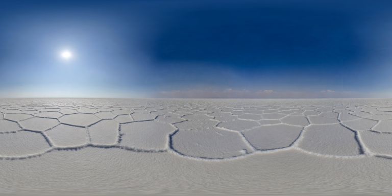 Vue 360° du Salar d’Uyuni, désert de sel sous ciel bleu, Présent Composé design pour SPLATGATE ⟶⦗⦘