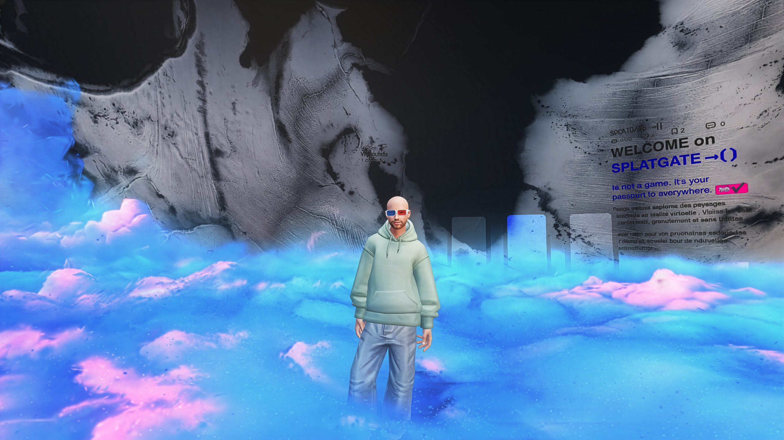 Avatar dans le hub virtuel SplatGate, un hall immersif en réalité virtuelle baigné de brume colorée.