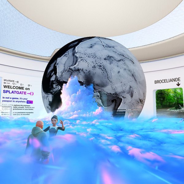 Visuel promotionnel de l'expérience virtuelle SplatGate, un environnement immersif accessible via la plateforme Arrival.Space.
Cette expérience permet aux utilisateurs de découvrir des paysages virtuels et des escapades gratuitement et sans limites.
L'image montre deux "voyageurs" en réalité virtuelle, explorant l'univers SplatGate et les destinations proposées.
