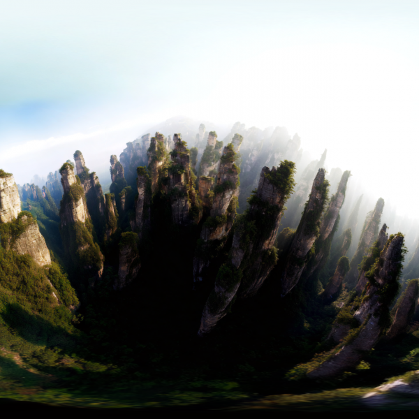 Panorama 360° du parc national de Zhangjiajie en Chine, imposants pitons rocheux inspirant Avatar